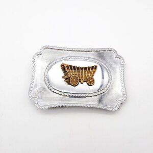 Vintage Western Belt Buckle, Coppery Conestoga Wagon on Silver Tone Tooled Desig